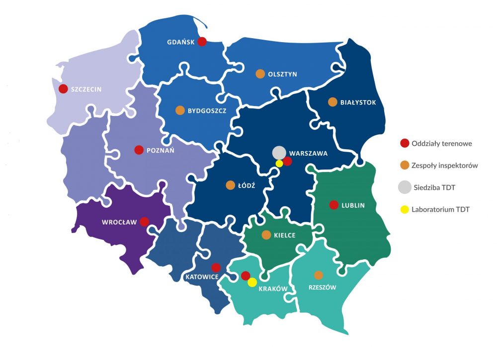 Mapa Polski z podziałem na województwa. Kolory wskazują zasięg działania poszczególnych oddziałów TDT.