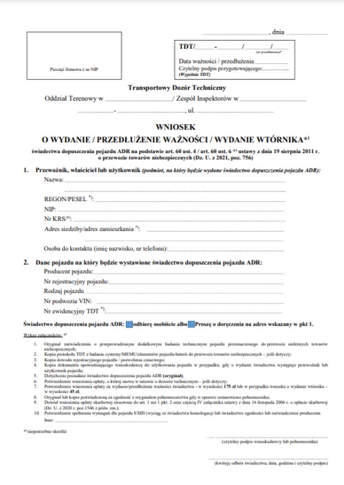 Wniosek o wydanie, przedłużenie ważności, wydanie wtórnika świadectwa dopuszczenia pojazdu ADR