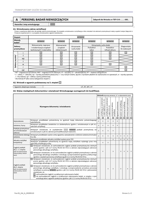 Załącznik A do wniosku o certyfikację osób personel badań nieniszczących - mini