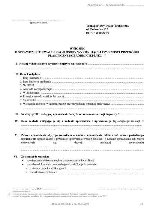 Wniosek o sprawdzenie kwalifikacji obróbka cieplna przeróbka plastyczna